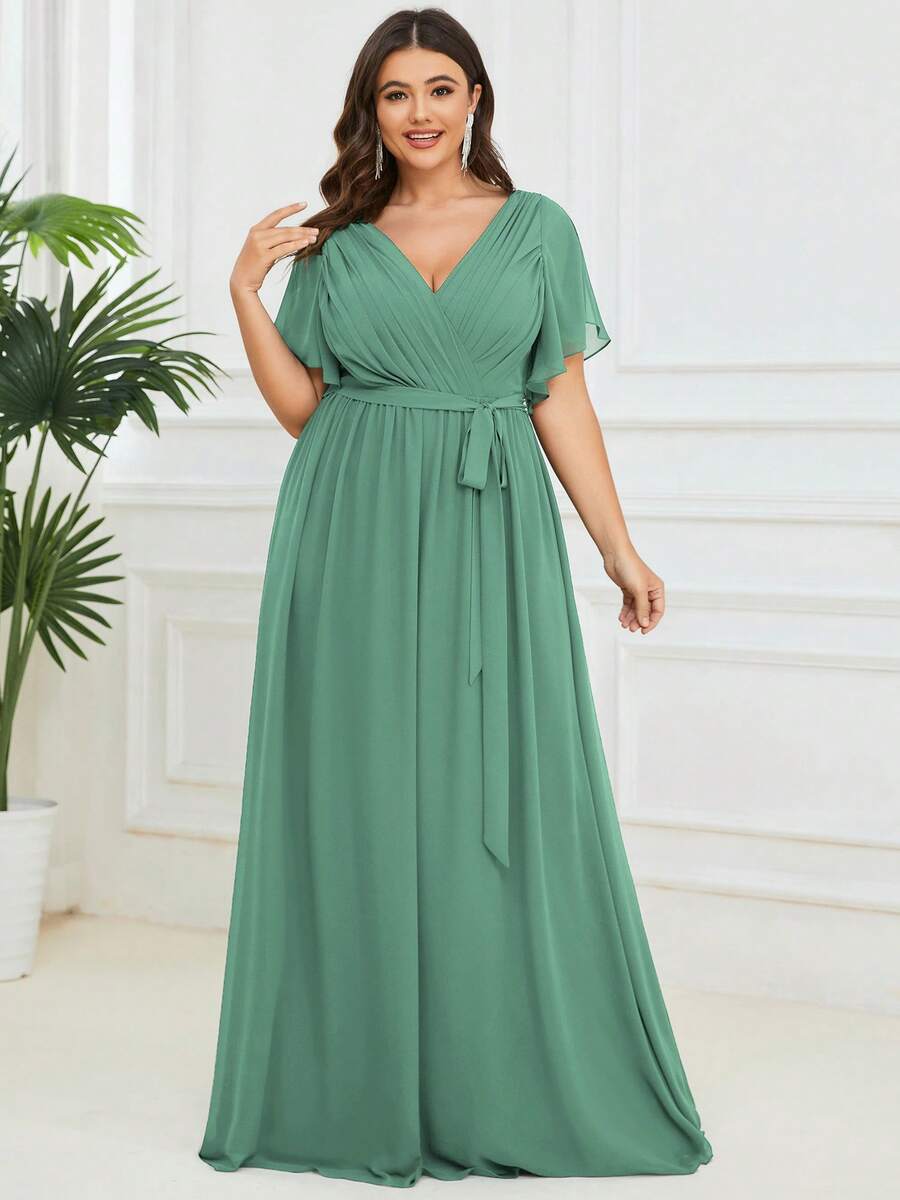 EVERPRETTY Plus Size Elegant V-Neck Pleated Ruffle Sleeve Green Bridesmaid Formal Dress, Suitable For Weddings, Parties, Birthdays, Spring/Summer Party - Green - View 1