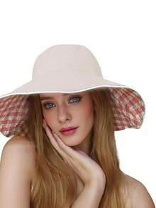 1 pieza Sombrero de sol de mujer de doble cara a cuadros, sombrero de ala ancha con protección UV para playa/viaje/pesca con decoración de lazo - multicolor - Ver 6
