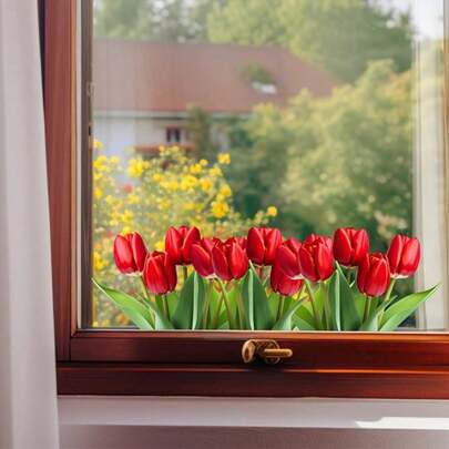 1pc Vibrant Red Tulip Window Sticker - Colorful Garden Floral Decal, Suitable For Home And Living Room Decor, Easy To Apply Vinyl Art Design, Spring & Summer Style, Energetic Home Decor Element | Spring & Summer Decor | Self-Adhesive Floral Sticker, Window Decal, Attractive Sticker