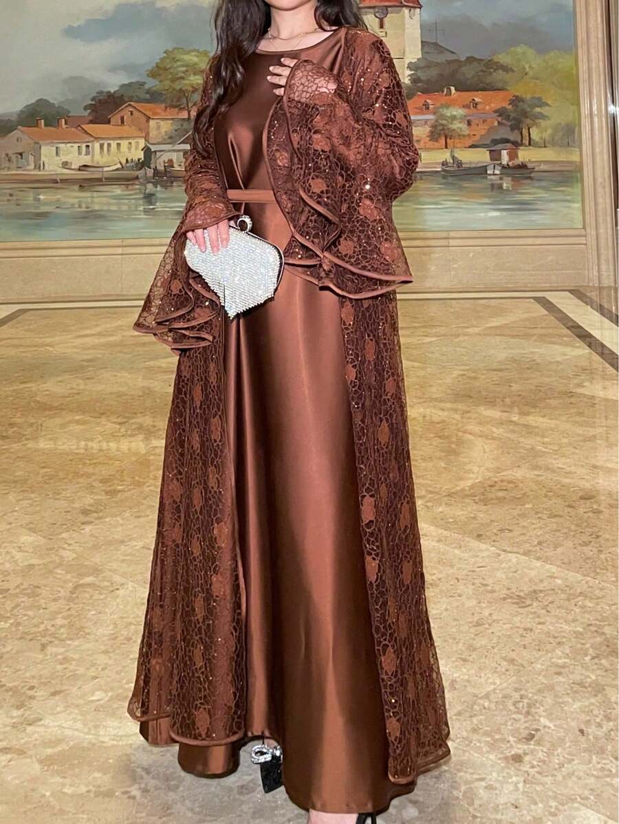 Elegant Plus Size Set, Round Neck Flare Sleeve, Waist Tie With Ruffle And Contrast Lace Detail Spring Brown Fall - Brown - View 1