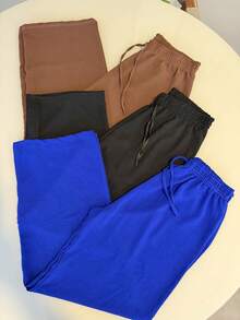 Set Of 3 Women's Pants Duna Wide-Leg Pants Trio High-Waisted Wide-Leg Pants Elastic Waistband Premium Duna Fabric Wrinkle-Resistant Shrink-Resistant Loose-Fitting Pants One Size Elegant Work Outfit Versatile Piece Fashionable For Summer Winter Spring Autumn Superior Quality - 皇家藍/黑色/淺棕色 - 查看 1