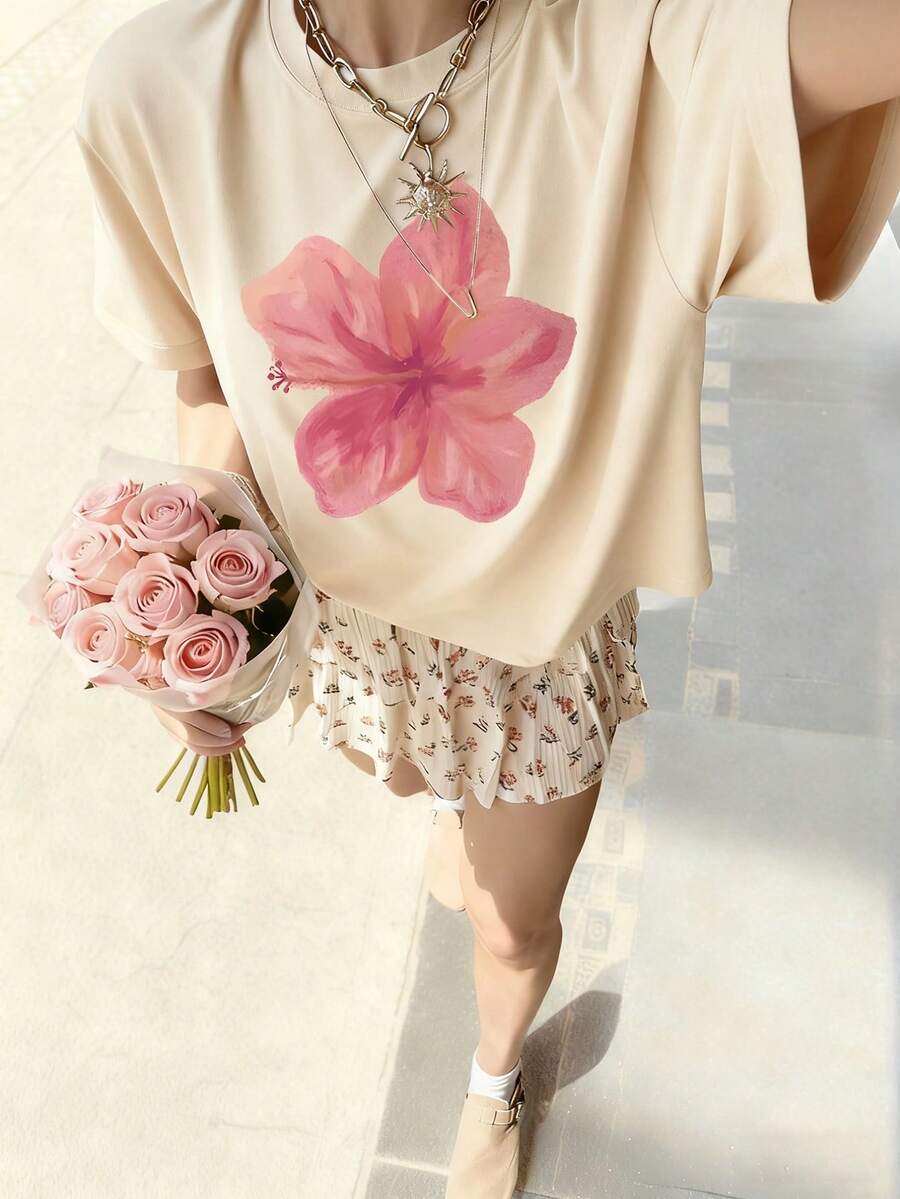 1pc Girls Casual Printed Round Neck Short Sleeve T-Shirt, Summer Student Young Apparel - Artistic Style T-Shirt Inspires Imagination And Self-Expression - Apricot - View 1