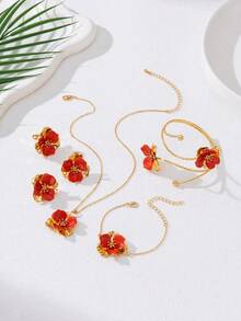 6pcs Fashionable Elegant High-End Stainless Steel Flower Enamel Earrings, Necklace, Ring, Bracelet Jewelry Set, Versatile Sweet Ins Style Jewelry Suitable For Women, Party, Daily Wear - Purple - View 14