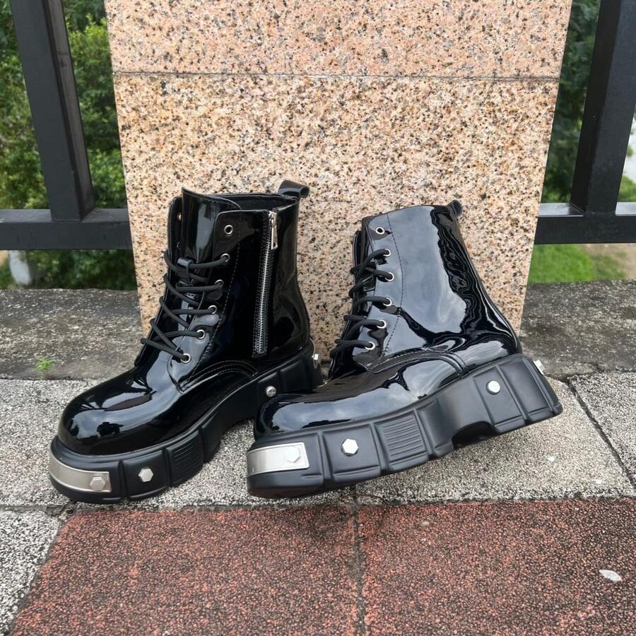 Men's Fashion Cyber Punk Style High-Top Chunky Boots Black Patent Leather With Side Zipper Motorcycle Short Boots For Man Thick Sole Vintage Leather Boots - 黑色 - 查看 1