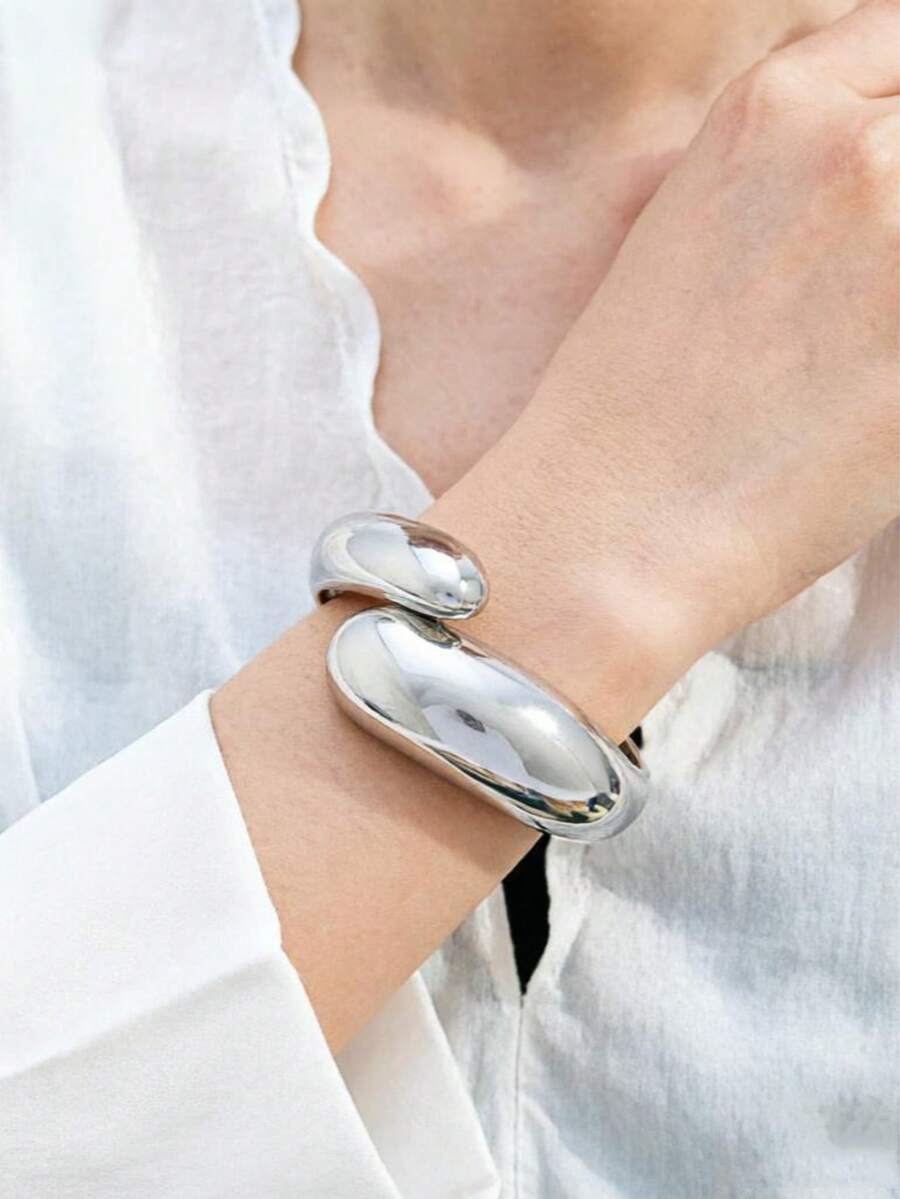 1 chiếc vòng tay hình học phong cách Hồng Kông cổ điển tối giản, thanh lịch. - Bạc - Xem 1