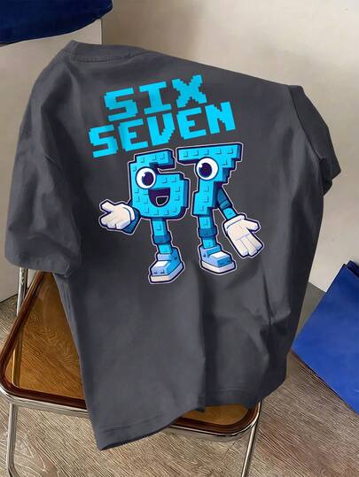 Boys' Casual Printed Round Neck Short Sleeve T-Shirt With "67" Numeric Pattern, Suitable For Outdoor Shopping And Vacation