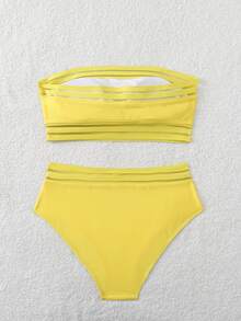 Bộ bikini hai mảnh màu đen cạp cao phối lưới, đồ bơi nữ đi nghỉ mát. - Màu vàng - Xem 7