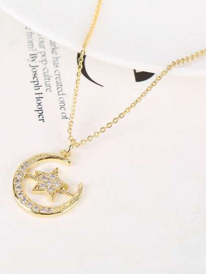 1pc Pentagram & Moon Pendant Necklace, Geometric Jewelry For Teens, Suitable For Daily Wear