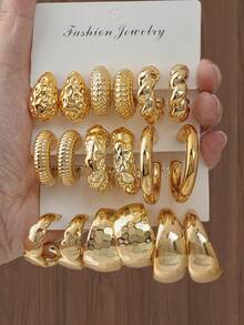 6-18pcs Water Drop Textured C-Shape Hoop Earrings, Suitable As Gifts For Holidays And Loved Ones - Gold - View 1