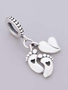 1 Piece 925 Sterling Silver Baby Footprint & Heart Dangle Charm, Pendant Bead DIY Unisex Baby Jewelry Gift - Silver - View 2