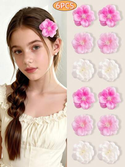 6 piezas Pasadores para el cabello con flores artificiales de estilo bohemio, delicados pasadores para el flequillo con flores de sakura rosa y blanco, transpirables y no dañinos, adecuados para niñas, ideales para viajes, vacaciones, fotografía