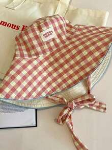 1 pieza Sombrero de sol de mujer de doble cara a cuadros, sombrero de ala ancha con protección UV para playa/viaje/pesca con decoración de lazo - multicolor - Ver 10