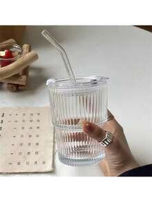 1 pieza Taza de café de vidrio con rayas simples y pajita, botella de agua - transparente - Ver 5