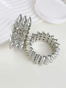 2pcs Punk Style Exaggerated Rivet & Beaded Bracelet, Suitable For Women And Couples - Silver - View 4