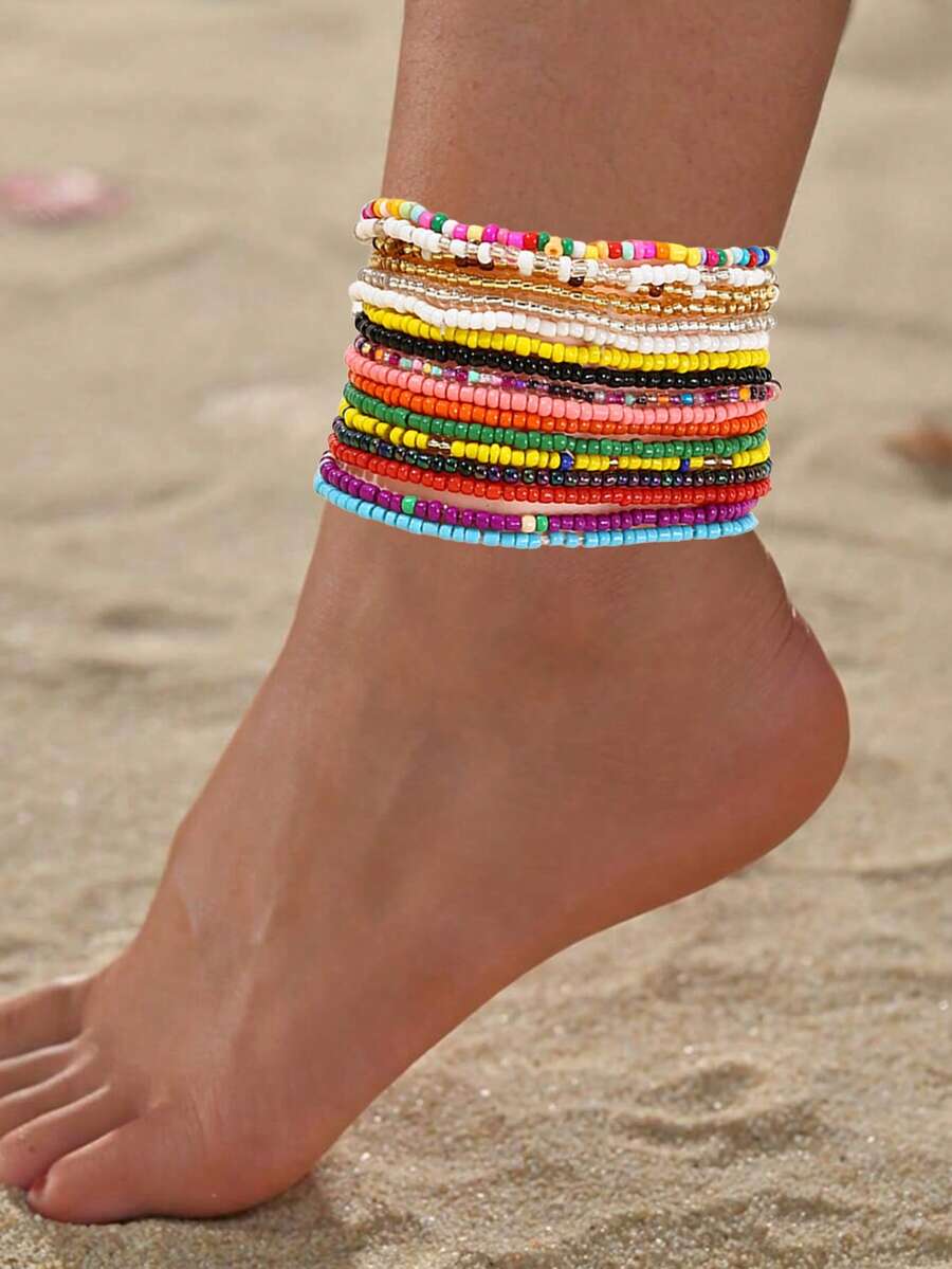 1/5/10/20/30 pezzi/Set Cavigliera elastica in stile bohémien con perline di vetro colorate, raffinata e versatile per vacanze al mare, gioiello personalizzato alla moda adatto per l'uso quotidiano, regalo perfetto per feste e vacanze, accessorio versatile per outfit casual e da vacanza da donna - Multicolore - Visualizzare 1