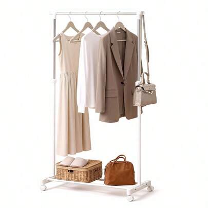 Clothing Rack With Wheels, Adjustable Height Rolling Garment Rack, Heavy Duty Metal  Clothes Organizer, White Space-Saving Storage For Bedroom & Laundry
