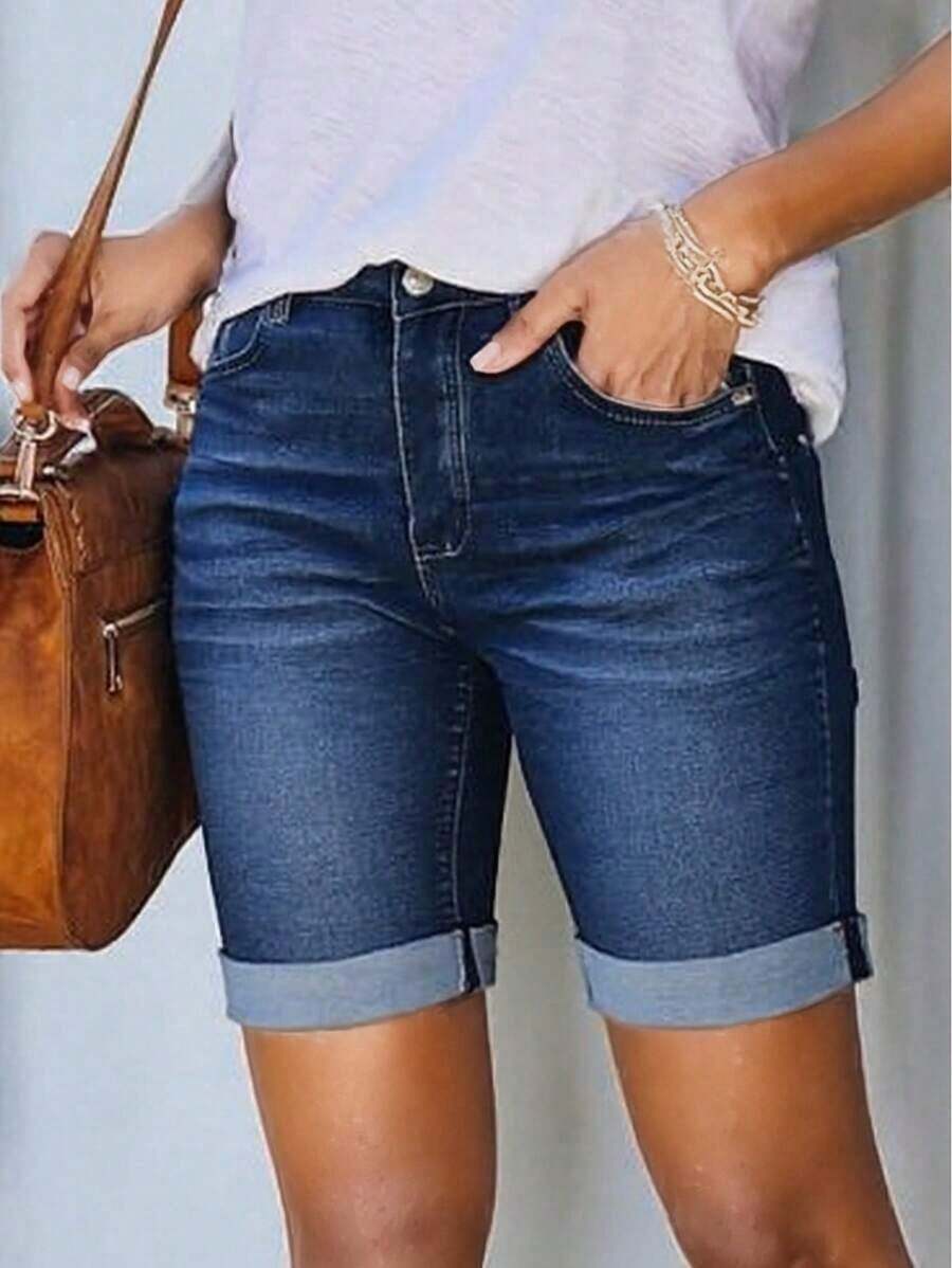 Casual Washed Stretch Denim Shorts, Spring/Summer - Blue - View 1