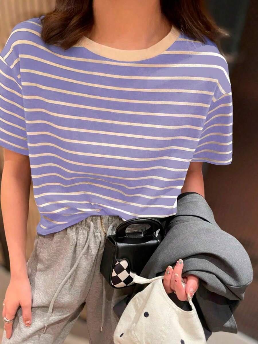 K&K FASHION Basic Striped T-Shirt - Lilac - View 1