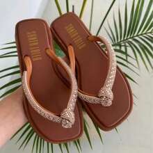 Women's Flat Sandal With Square Toe And Knot Detail, Casual Style - 駝色 - 查看 2