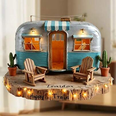 Vintage Camper Van "Happy Trails" Magnet: Blue & White Trailer On Wood Deck With String Lights & Cactus, Sticker-Style Clear Edge – A Mini Desert Escape For Your Fridge