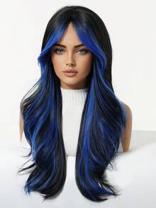 Peluca sintética ondulada de 32 pulgadas con efecto ombré, peluca rizada resistente al calor para uso diario, fiestas y cosplay - Resaltar azul - Ver 5