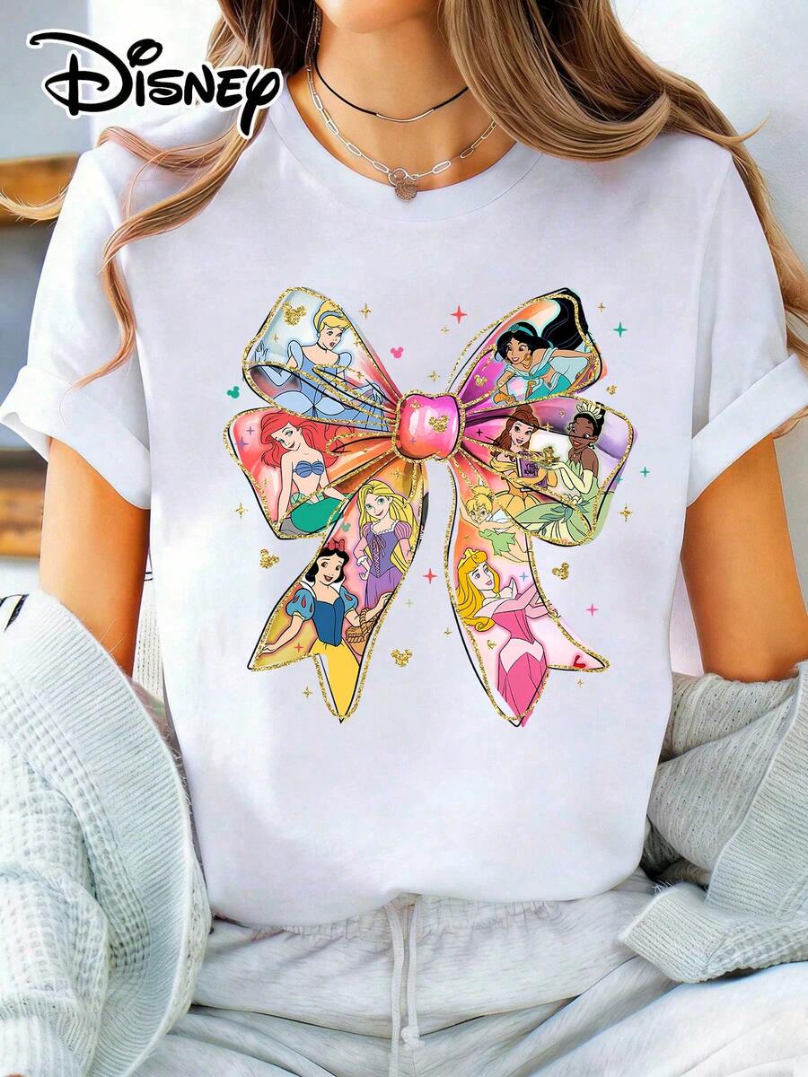 Disney Lady's T-Shirt, Featuring A Princess Cartoon Pattern With Disney's Bow. The Fabric Is Soft, Comfortable And Durable. This Is A Summer/Winter Ladies' Round-Neck T-Shirt, Suitable For Daily Wear, Shopping, Attending Parties And Gatherings. It Is Also More Suitable For Daily Outfits And As A Gift. - 白色 - 查看 1