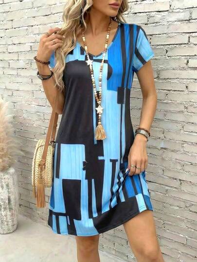 大码抽象方格图案T恤裙，V领短袖简约优雅夏季休闲连衣裙