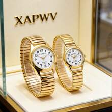 XAPWV 2pcs Gold Couple Quartz Watches, Casual Arabic Numeral Fashion Elastic Strap Pair Of Men And Women Watches - Gold - View 2