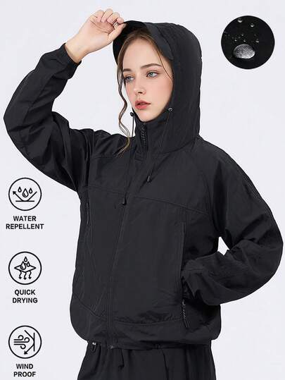 女士夏季轻便透气防紫外线防晒外套，UPF 可收纳户外徒步夹克，带拉链口袋，清凉透气运动服，适合骑行、户外运动和日常活动，黑色