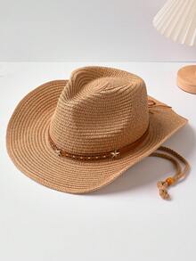 这是一款夏季米色卡其色草编牛仔帽，饰有豹纹星形铆钉和防风绳。它是一款适合海滩度假、音乐节等场合的防晒遮阳帽。 - 星星鉚釘草編帽 - 查看 10