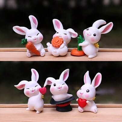 6个胡萝卜拉扯兔迷你景观DIY多肉植物装饰品，可爱卡通动物园艺配件
