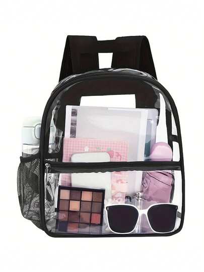 Transparent Pvc Backpack, Women'S Fashionable And Versatile, Clear View, Large Capacity, Storage Pockets, Side Mesh Pockets, Lightweight For Commute, Travel, Campus, Concerts, And Outings.