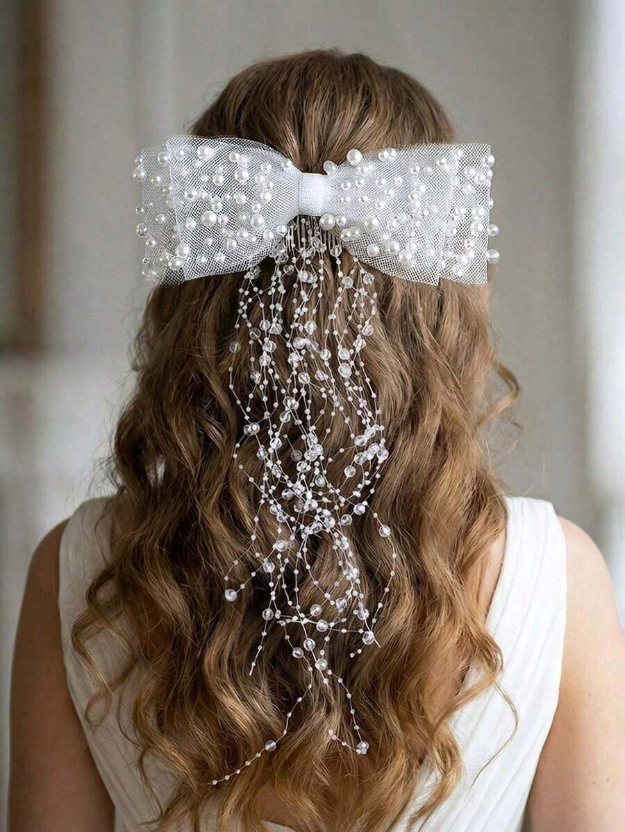 1 pieza Diadema nupcial elegante con lazo y borla, accesorio para el cabello para fiesta de boda ZVF4 - Blanco - Ver 1