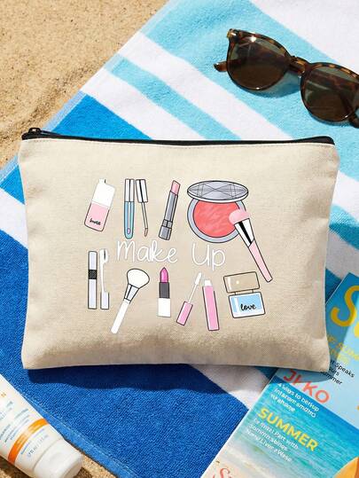 Elegant Women's Makeup Bag With Beauty Products Print – Lightweight, Reusable Cosmetic Pouch, Zippered Toiletry Organizer For Makeup, Brushes, & Accessories – Perfect Gift For Valentine's Day, Mother's Day, Teacher'S Day, And Ramadan – Versatile Travel, Vacation, Business, Fitness & Camping Bag – Polyester, Machine Washable, Minimalist Design, Ideal For Hotels, Offices, Bathrooms & On-The-Go Storage – Multifunctional Cosmetic & Toiletry Bag For Women