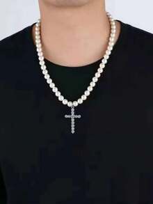 新款欧美十字珍珠项链，时尚个性高端男士配饰 - 金色 - 查看 1