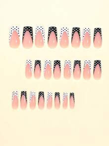 24片中号方形亚克力美甲贴纸，优雅日常黑色镶边波点法式美甲贴纸，复古高端黑白波点图案裸粉色底人造指甲贴纸，适合女性和女孩，包含1张胶纸和1个迷你指甲锉，随机发货 - 黑與白 - 查看 2