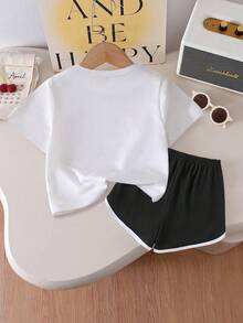 女童可爱蝴蝶结印花短袖T恤+短裤两件套，柔软面料，夏季休闲少女装 - 白色 - 查看 2