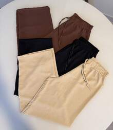 Set Of 3 Women's Pants Duna Wide-Leg Pants Trio High-Waisted Wide-Leg Pants Elastic Waistband Premium Duna Fabric Wrinkle-Resistant Shrink-Resistant Loose-Fitting Pants One Size Elegant Work Outfit Versatile Piece Fashionable For Summer Winter Spring Autumn Superior Quality - 米色/黑色/棕色 - 查看 8
