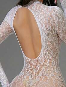 Sexy Lingerie, Women's Long Sleeve Fishnet Bodysuit, Leopard Print Sexy Set, Bodysuit, Hollow Out Bodystocking, Bikini Cover Up - White - View 5