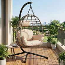 Hodeffior 196cm Hanging Chair With Frame, Foldable Garden Egg Chair With Weatherproof Cover & Cushion, Sturdy Steel Hanging Chair For Indoor And Outdoor Use, Balcony, Terrace, Conservatory, Load Capacity Up To 130kg - Be - Xem 1