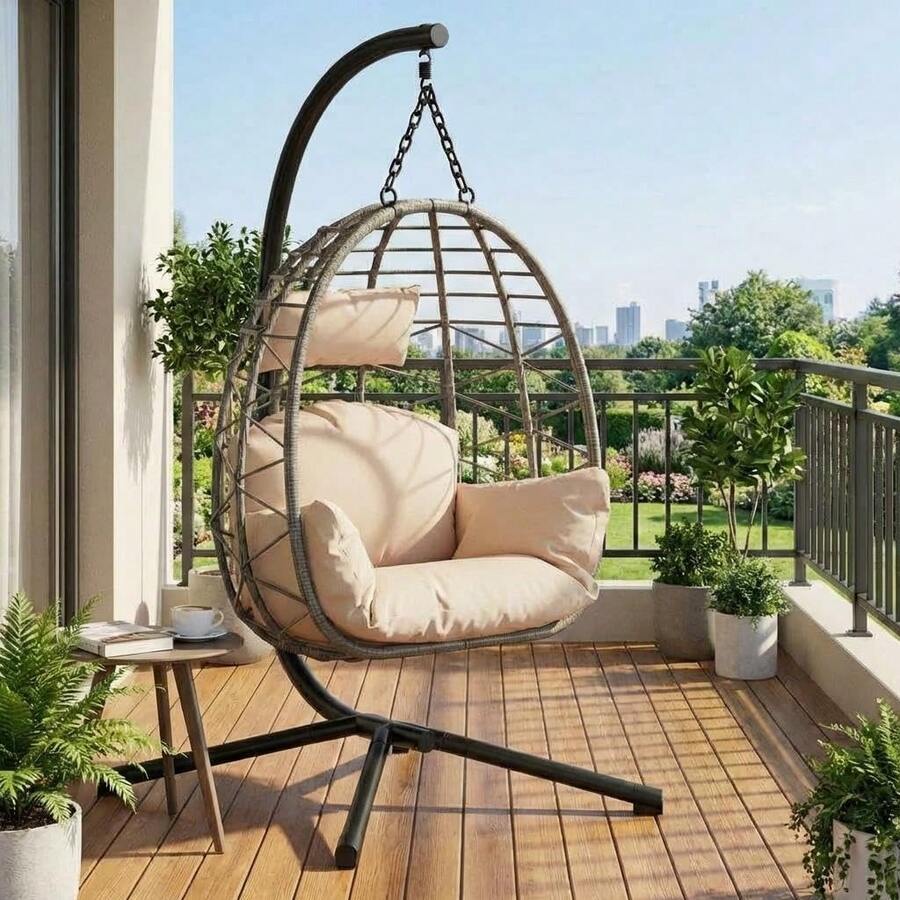 Hodeffior 196cm Hanging Chair With Frame, Foldable Garden Egg Chair With Weatherproof Cover & Cushion, Sturdy Steel Hanging Chair For Indoor And Outdoor Use, Balcony, Terrace, Conservatory, Load Capacity Up To 130kg - Be - Xem 1