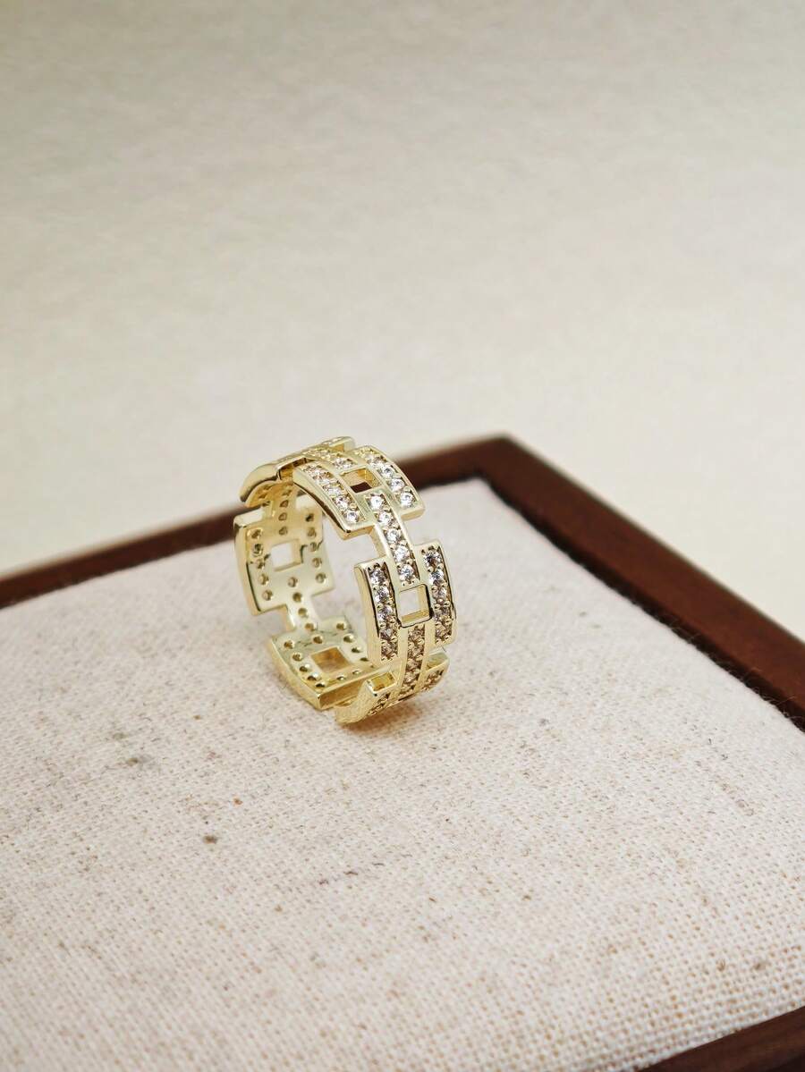 1枚简约锆石镶嵌开口戒指，适合女性佩戴 - 金黃色 - 查看 1