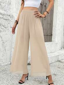 Women's Pleated Wide Leg Pants, Polyester Material, Non-Stretch, Semi-Sheer Summer - Apricot - View 13