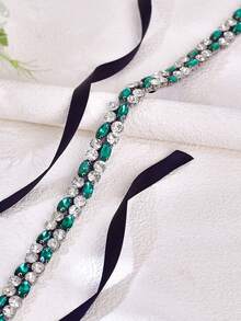 1pc Women's Belt, Emerald Rhinestone Studded Belt, Crystal Waist Belt, Handmade Bridal Belt, Suitable For Wedding Gown, Prom, Party, Birthday, Daily Wear, Gift - Green + Black Ribbon - View 3