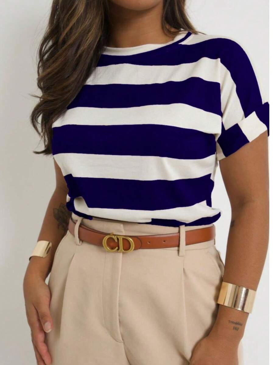 Short-Sleeved Striped Blouse With Round Neck -  For Women. - 海軍藍 - 查看 1