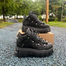 Punk Style Pure Black Unisex Chunky Platform Sneakers Metal Decoration Vintage Light Lace-Up Leather Single Shoes - màu đen - Xem 4