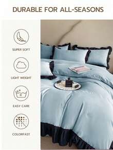 3件套纯色荷叶边柔软舒适被套套装（1个被套+2个枕套），适用于卧室和客房 - 薄荷藍 - 查看 9