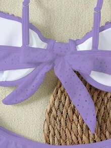 Women's Purple Hollow Out Double Ruffle Trim Bikini Swimsuit Set, Romantic Sexy Beach Vacation 2 Pieces Swimwear, Summer - Purple - View 8