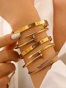 New Fashion High Quality Stainless Steel Flower Zirconia Women's Bangle Bracelet Jewelry Set, Suitable For Daily Wear - nhiều màu - Xem 2