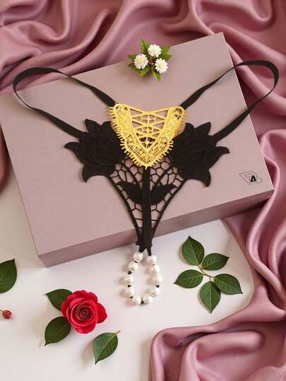 AB. Contrast Color Fashionable Luxury Hollow Embroidered Pearl Sexy Panties